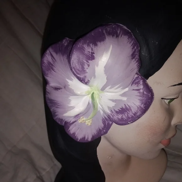 Mid Century Modern Green Eyed Polynesian Woman Head Bust Hibiscus Flower Holland